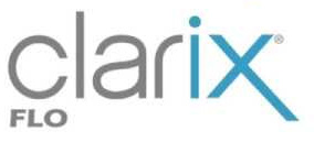 The image shows a logo with the text  clarix  prominently displayed, featuring stylized lettering and a graphic element resembling a drop or spill.