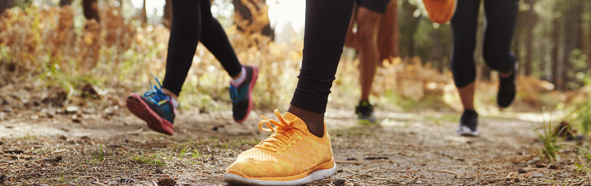 Three people jogging on a dirt path with trees and grass in the background.