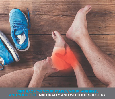 The image displays a couple s lower legs with a focus on feet, with one person having a red area near their toes, suggesting injury or discomfort, and there are sneakers and sports equipment in the background, along with text that reads  GET BACK TO YOUR HOBBIES AND YOUR FAMILY NATURALLY AND WITHOUT SURGERY.